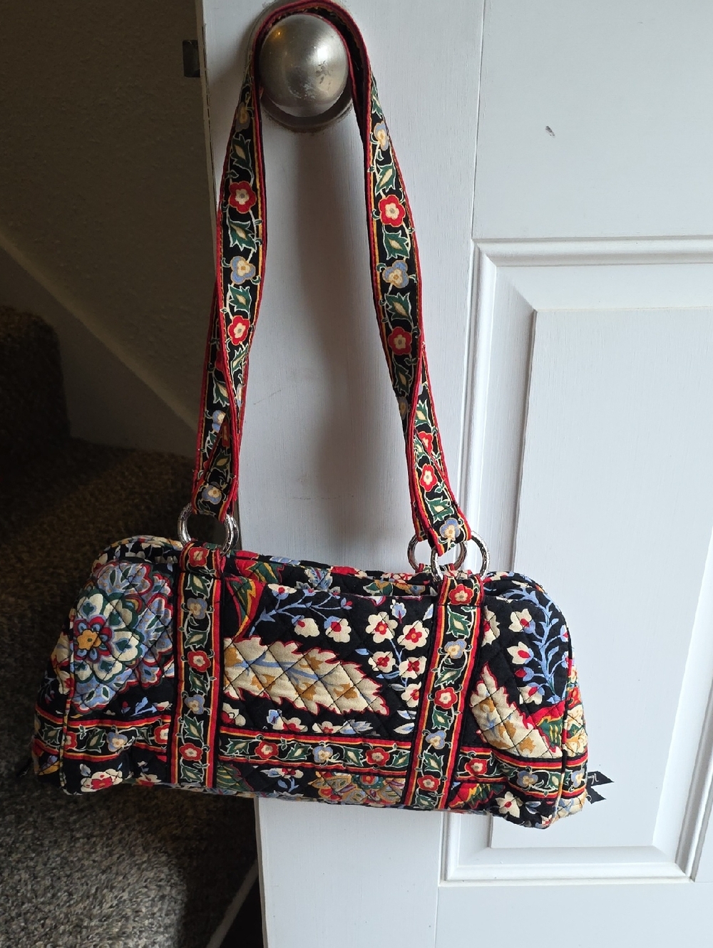 Vera Bradley Black Quilted Floral Shoulder Bag with Red Trim